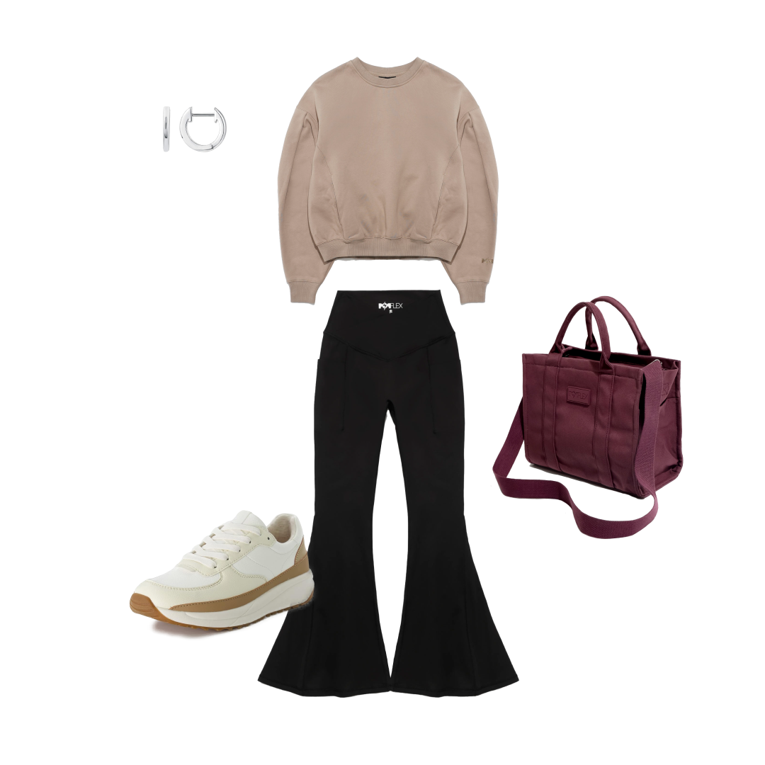 popflex work from home outfit inspo what to wear to run errands bell bottom leggings brunch sweater sloane tote