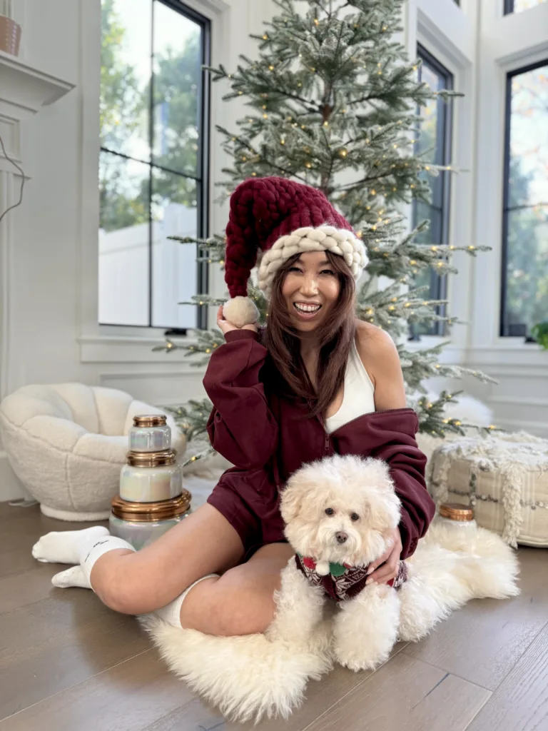 cassey ho wearing popflex unreality  romper successful  reddish  vino  with christmastide  chapeau  and histrion   sweatshirt romper