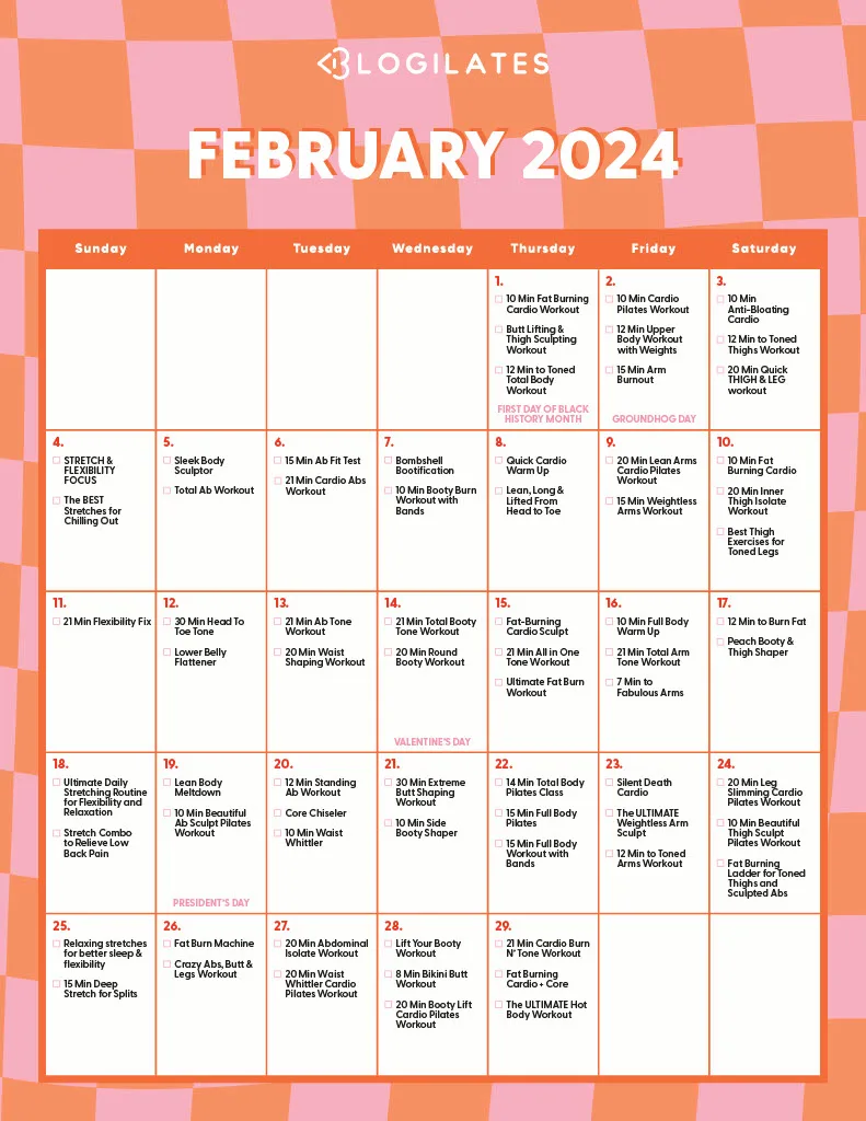 blogilates february 2024 workout calendar full body workouts upper body workouts ab workouts core workouts pilates