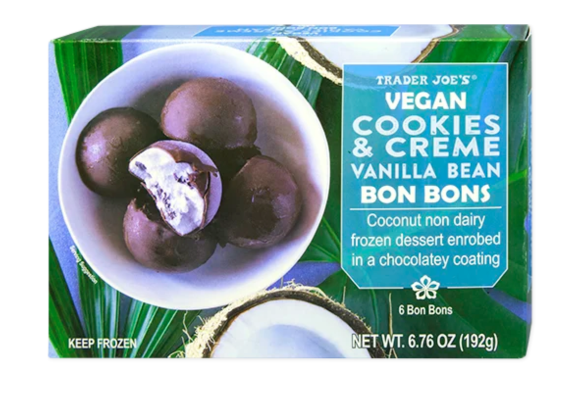 trader joe's vegan cookies and creme vanilla bean bon bons non-dairy dessert