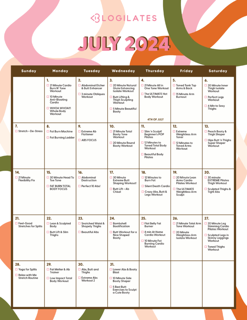 Your Blogilates July 2024 Workout Calendar!! Blogilates