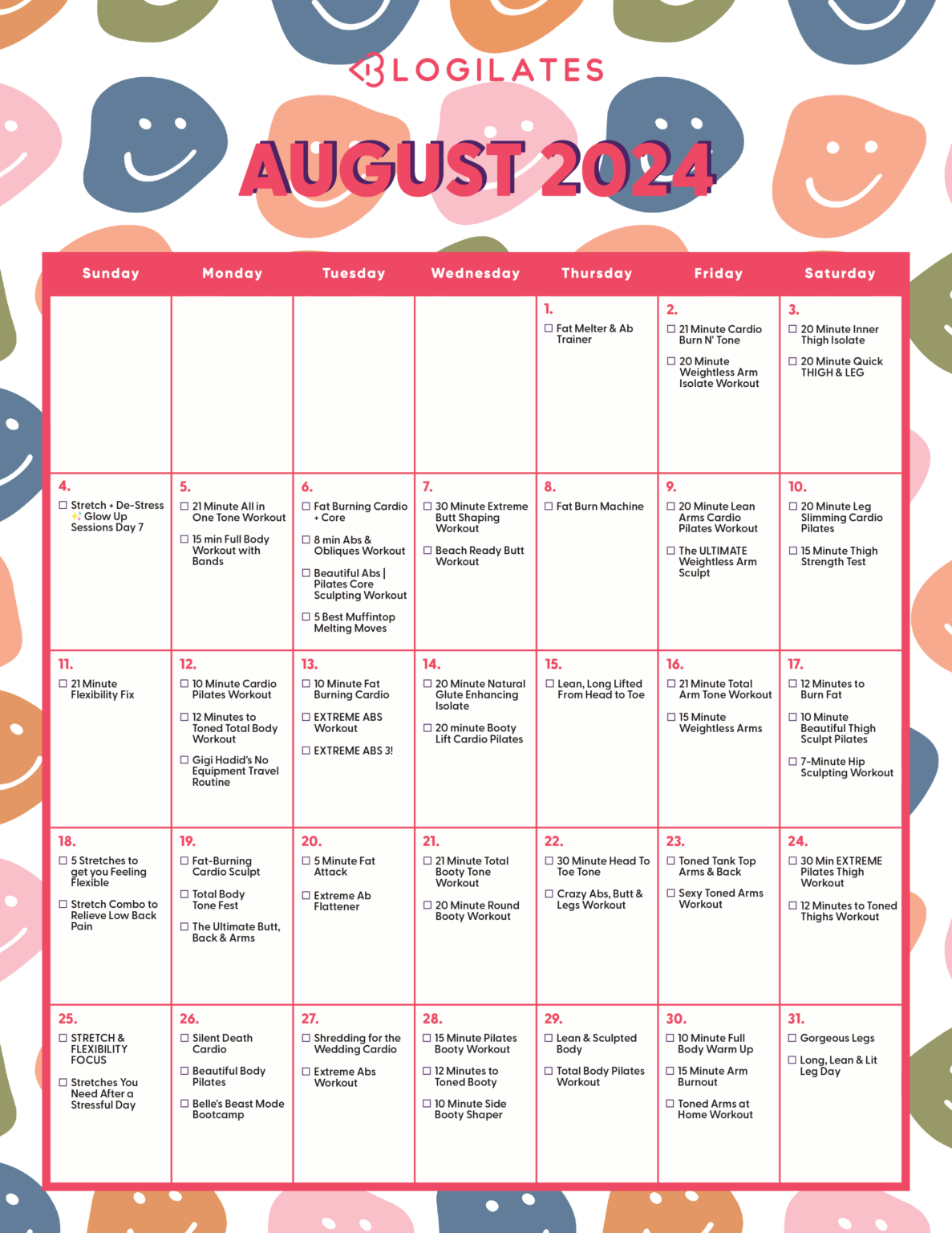 Your Blogilates August 2024 Workout Calendar!! Blogilates